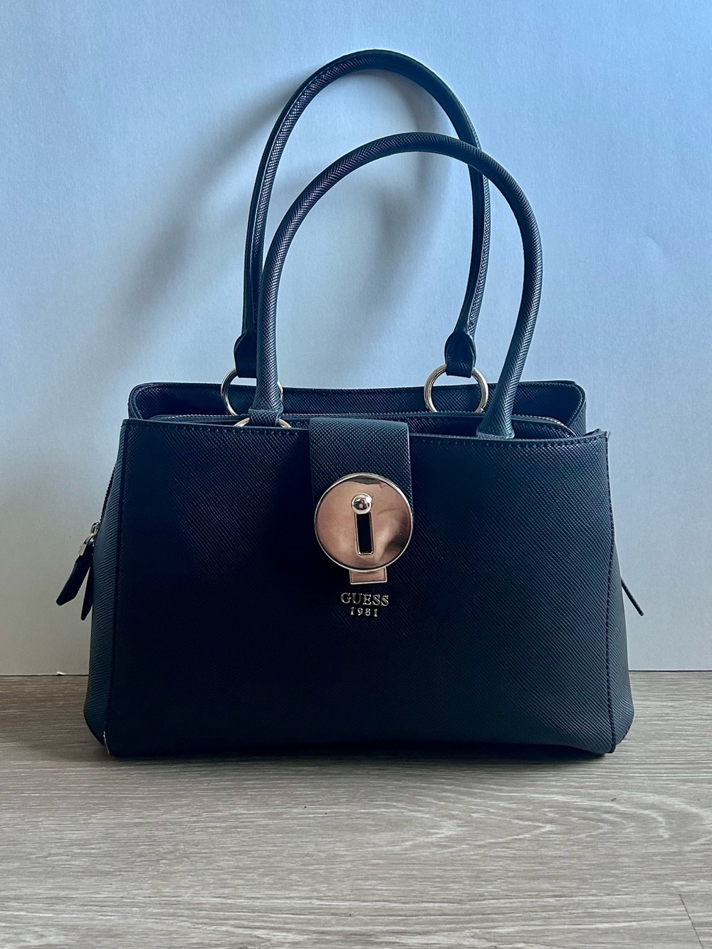 Guess Carrie Top Handle Satchel Handbag Black Faux Leather